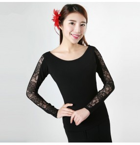 Lace patchwork long sleeves round neck women's ladies female competition performance flamenco waltz ballroom tango dance tops blouses
